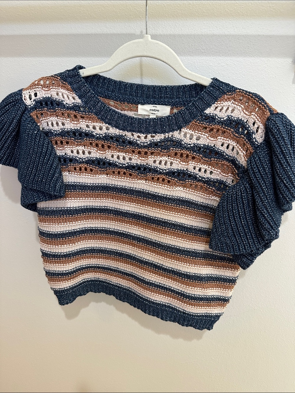 entro Striped Knit Top in Navy, Brown & Cream with Puff Sleeves